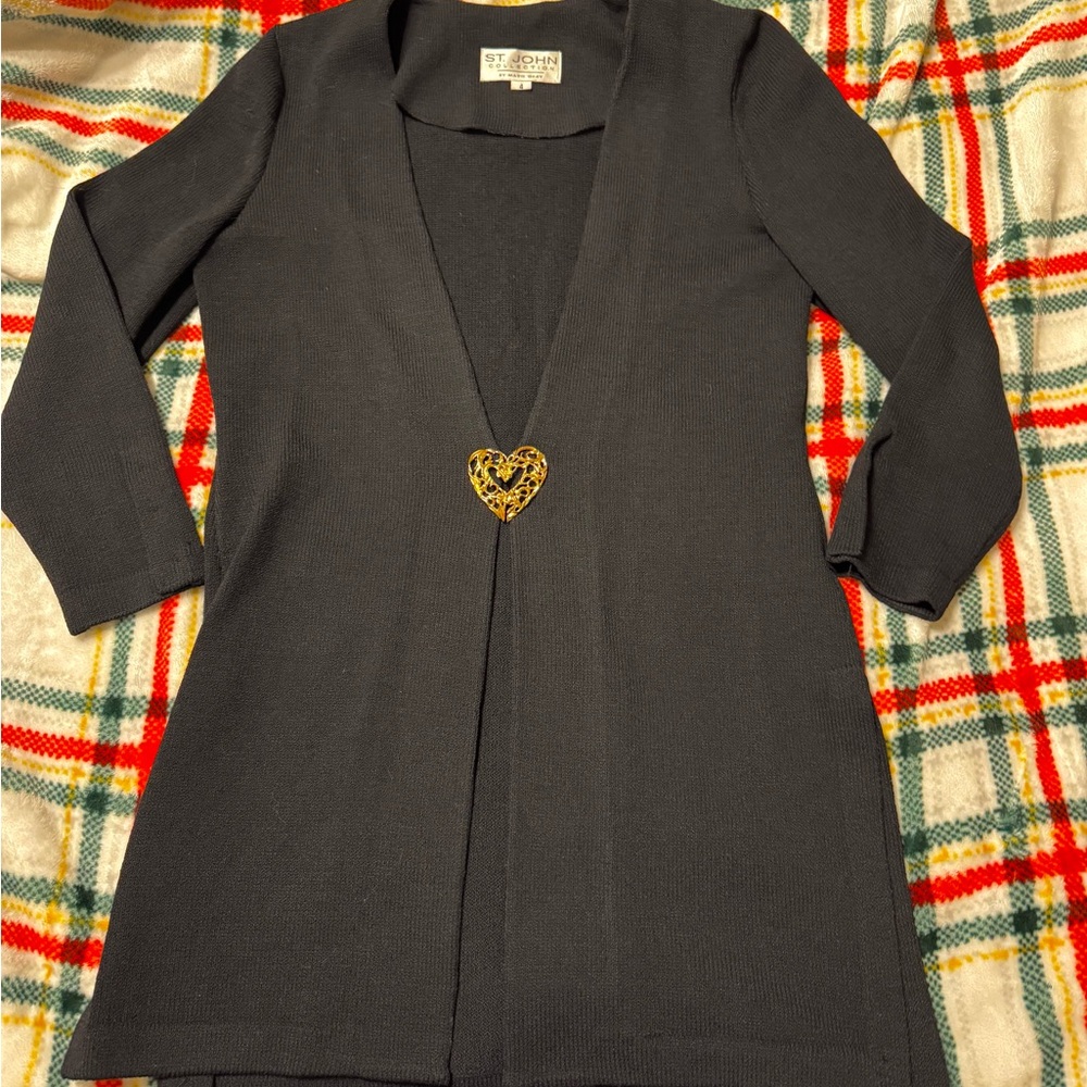 St. John Collection Heart Clasp Black Knit Cardigan